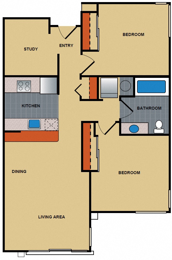 Floor plan for 2 beds, 1 bath, 857 sqft
